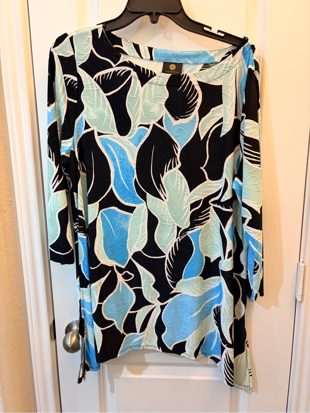 JM Collection Black, Aqua & Light Blue Floral-Print Tunic Size Large Long Flowy
